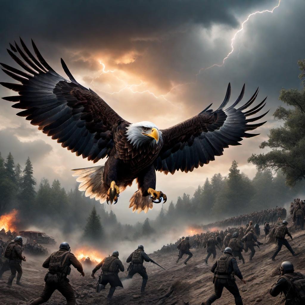  A surreal scene with a monstrous eagle flying towards a group of terrified people trying to escape. The setting features an open landscape with scattered trees or rocky terrain under a stormy sky. The monstrous eagle is enormous with sharp talons and fierce, glowing eyes, swooping down menacingly. The people below are running frantically, looking up in horror. The atmosphere is tense and chaotic, capturing the urgency and fear of the situation. hyperrealistic, full body, detailed clothing, highly detailed, cinematic lighting, stunningly beautiful, intricate, sharp focus, f/1. 8, 85mm, (centered image composition), (professionally color graded), ((bright soft diffused light)), volumetric fog, trending on instagram, trending on tumblr, HDR 4K, 8K