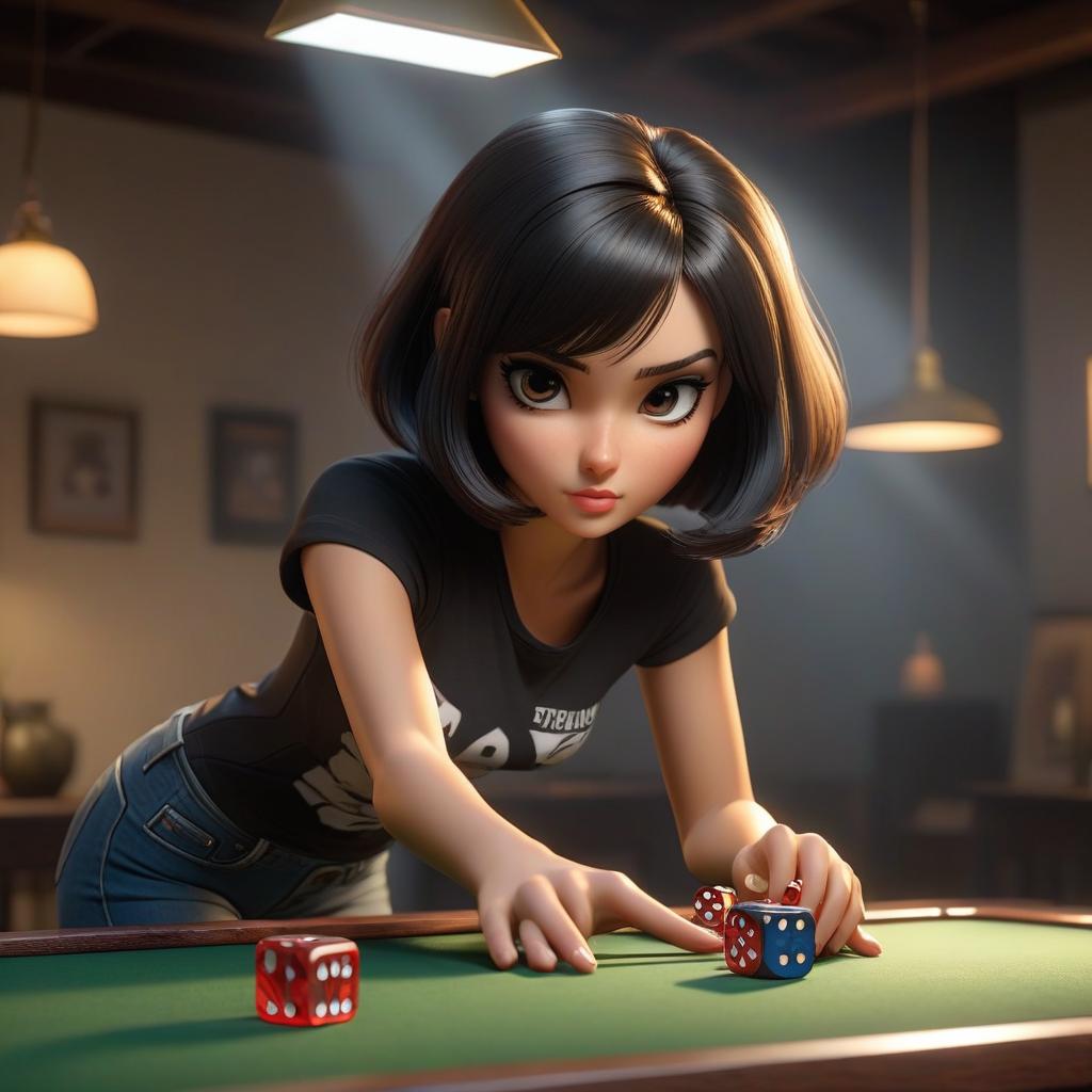  A girl, with dark hair, in a bob haircut, wearing a black top and jeans shorts, throws dice on the table, straight ahead, under fluent lighting. hyperrealistic, full body, detailed clothing, highly detailed, cinematic lighting, stunningly beautiful, intricate, sharp focus, f/1. 8, 85mm, (centered image composition), (professionally color graded), ((bright soft diffused light)), volumetric fog, trending on instagram, trending on tumblr, HDR 4K, 8K