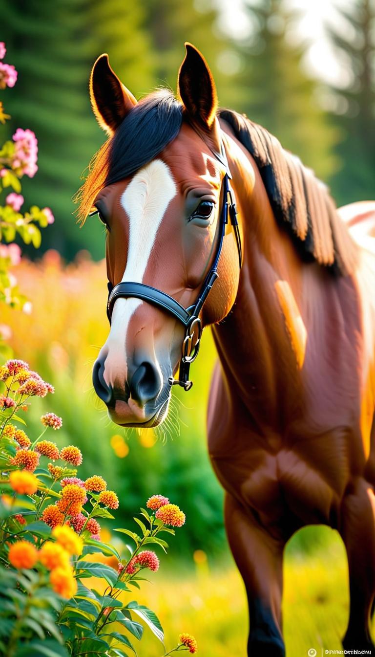  Professional 3D model of A stately, beautiful, brown horse stay in a summer clearing. The horse is surrounded by light pink and yellow flowers and bushes, With orange flowers. . Rendered with Octane, the model is highly detailed,dramatic lighting. hyperrealistic, full body, detailed clothing, highly detailed, cinematic lighting, stunningly beautiful, intricate, sharp focus, f/1. 8, 85mm, (centered image composition), (professionally color graded), ((bright soft diffused light)), volumetric fog, trending on instagram, trending on tumblr, HDR 4K, 8K