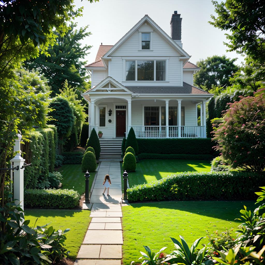  A picturesque suburban house with a white picket fence, a colorful garden, and children playing in the yard. hyperrealistic, full body, detailed clothing, highly detailed, cinematic lighting, stunningly beautiful, intricate, sharp focus, f/1. 8, 85mm, (centered image composition), (professionally color graded), ((bright soft diffused light)), volumetric fog, trending on instagram, trending on tumblr, HDR 4K, 8K