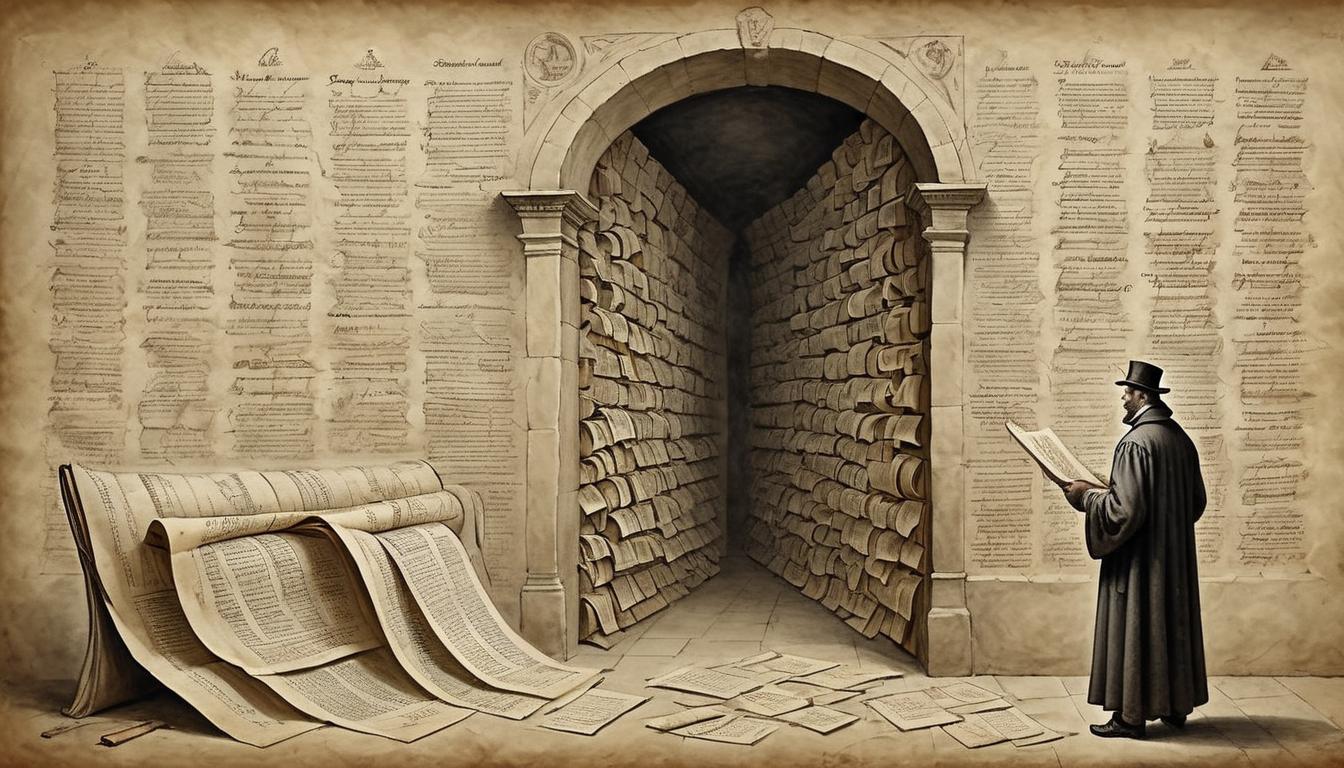  on parchment, surrealism+++, A figure staring at a wall filled with unread scrolls, frustration, unrecognized efforts(mysterious, provocative, symbolic,muted color)+++