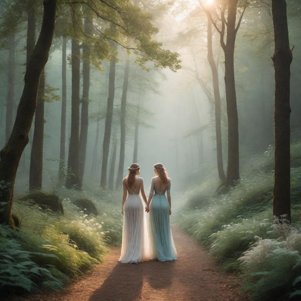  A couple, labeled 'Aries' and 'Capricorn,' walking hand-in-hand through a serene, wooded area. The scene captures a relaxed, intimate moment between them. Make the image have a dreamy, fantasy lo-fi aesthetic, with soft, muted colors, grainy textures, warm lighting, and whimsical elements like glowing fairy lights, ethereal mist, and sparkles. The overall vibe should be calm, nostalgic, and magical. hyperrealistic, full body, detailed clothing, highly detailed, cinematic lighting, stunningly beautiful, intricate, sharp focus, f/1. 8, 85mm, (centered image composition), (professionally color graded), ((bright soft diffused light)), volumetric fog, trending on instagram, trending on tumblr, HDR 4K, 8K