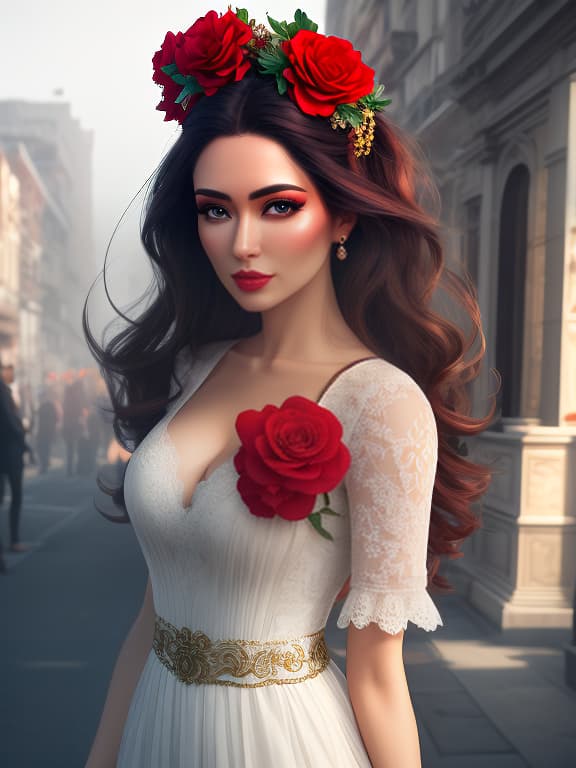  How would Carmen look in the modern world of the 21st century with a red flower in her hair? hyperrealistic, full body, detailed clothing, highly detailed, cinematic lighting, stunningly beautiful, intricate, sharp focus, f/1. 8, 85mm, (centered image composition), (professionally color graded), ((bright soft diffused light)), volumetric fog, trending on instagram, trending on tumblr, HDR 4K, 8K