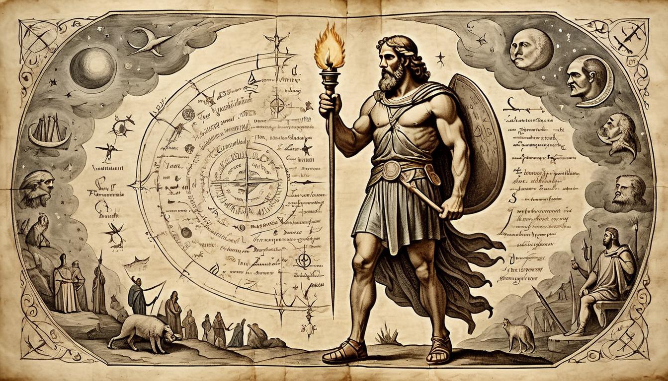  on parchment, surrealism+++, Odysseus with a torch, illuminating the darkness, surrounded by symbols of wisdom and cleverness, celestial patterns above, inspired, guiding light(mysterious, provocative, symbolic,muted color)+++