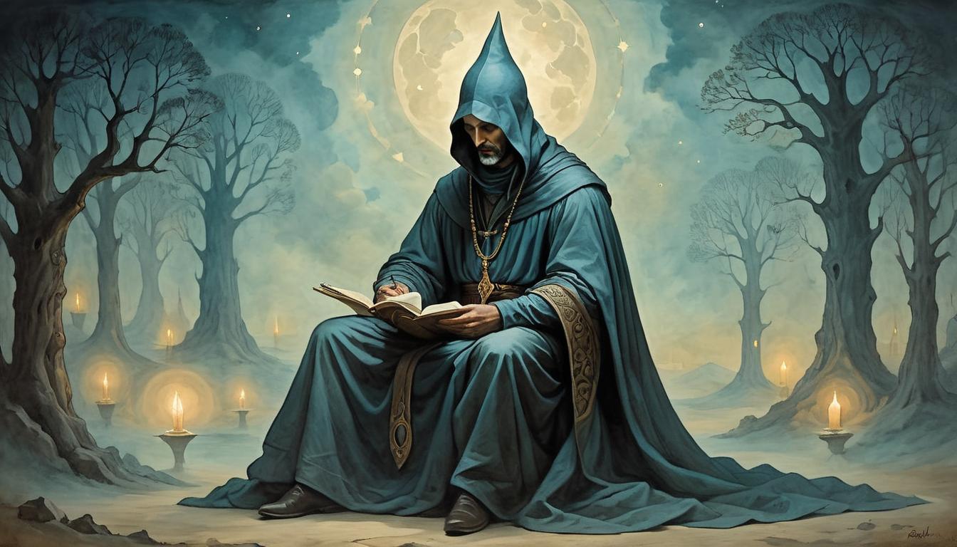  on parchment, surrealism+++, Cognitive figure, illuminated by soft light, deep contemplation, peaceful night setting, aura of creativity, introspective surroundings(mysterious, provocative, symbolic,muted color)+++