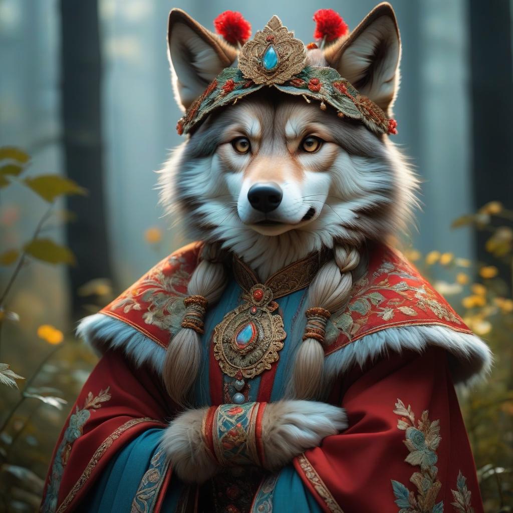  fairy tale A wolf in Russian folk clothing. . magical, fantastical, enchanting, storybook style, highly detailed hyperrealistic, full body, detailed clothing, highly detailed, cinematic lighting, stunningly beautiful, intricate, sharp focus, f/1. 8, 85mm, (centered image composition), (professionally color graded), ((bright soft diffused light)), volumetric fog, trending on instagram, trending on tumblr, HDR 4K, 8K