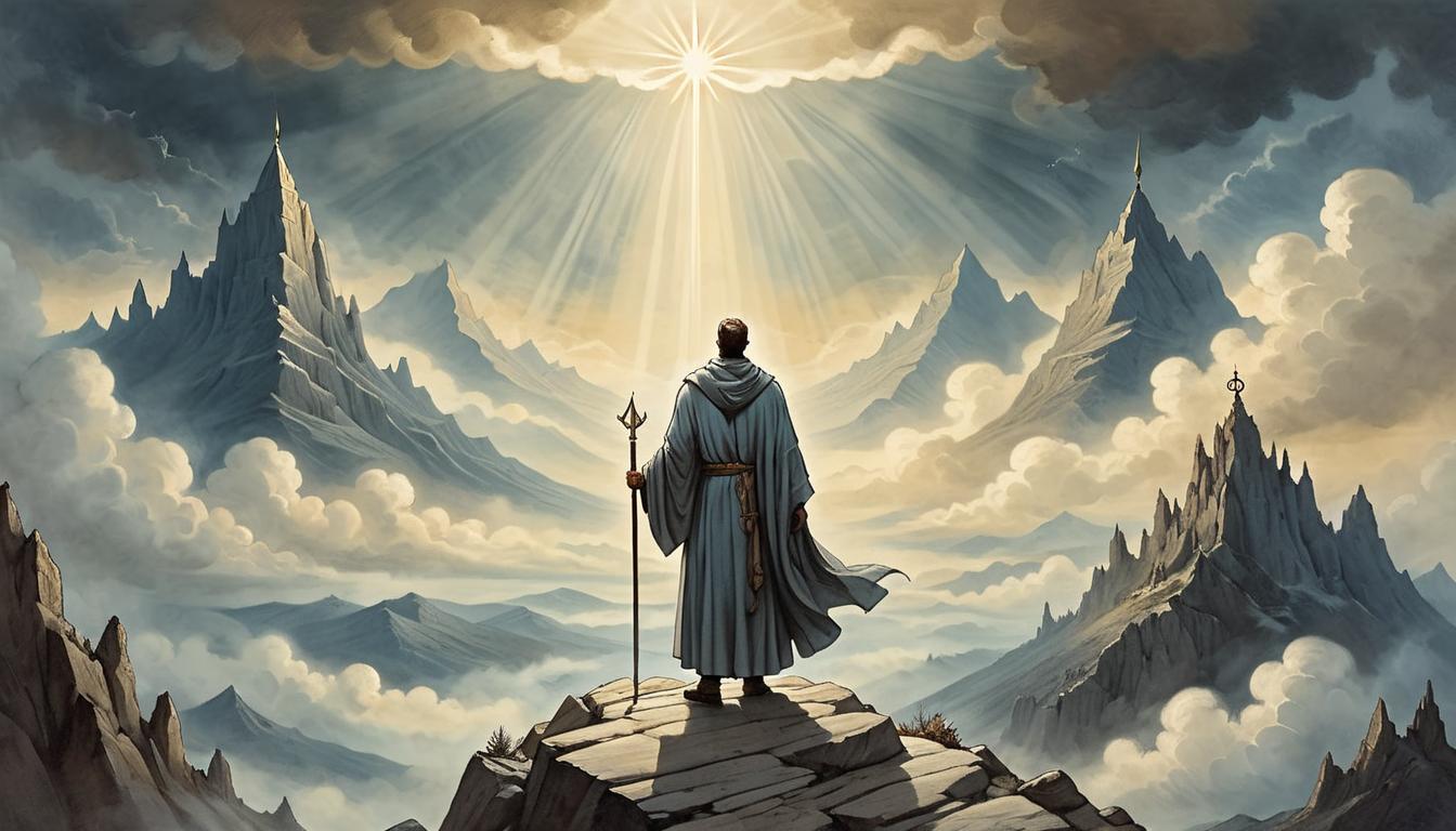  on parchment, surrealism+++, A robed figure standing on a mountain peak, rays of sunlight breaking through clouds, arms raised to the sky, sense of faith, divine destiny, revelation(mysterious, provocative, symbolic,muted color)+++