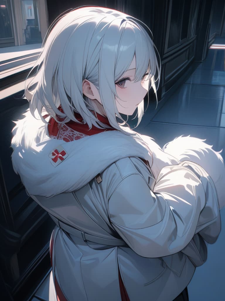  ((white fluffy werewolf only、anthropomorphic wolf only、1 man with the head of a wolf))、claw hands、from behind、looking back、(white trench coat with a red cross pattern on the back)、best quality:1.4、masterpiece:1.4、ultra detailed texture、RAW photorealistic、absurd resolution、8K illustration、💩、💩、💩、💩、💩、, masterpiece, best quality,8k,ultra detailed,high resolution,an extremely delicate and beautiful,hyper detail