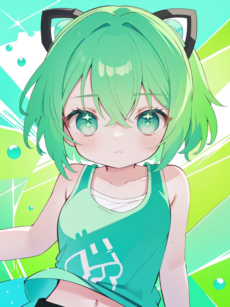  Pump up green hair character tank top, masterpiece, best quality,8k,ultra detailed,high resolution,an extremely delicate and beautiful,hyper detail