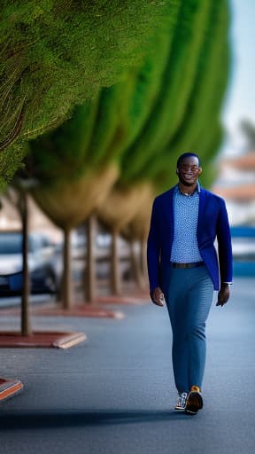 portrait+ style portrait+ style, African American walking down the street looking at the camera from the front with long brown hair wearing a blue miniskirt with black heels , ultra realistic, hyper detail, Canon EOS R3, nikon, f/1.4, ISO 200, 1/160s, 8K, RAW, unedited, symmetrical balance, in-frame, HDR 4K