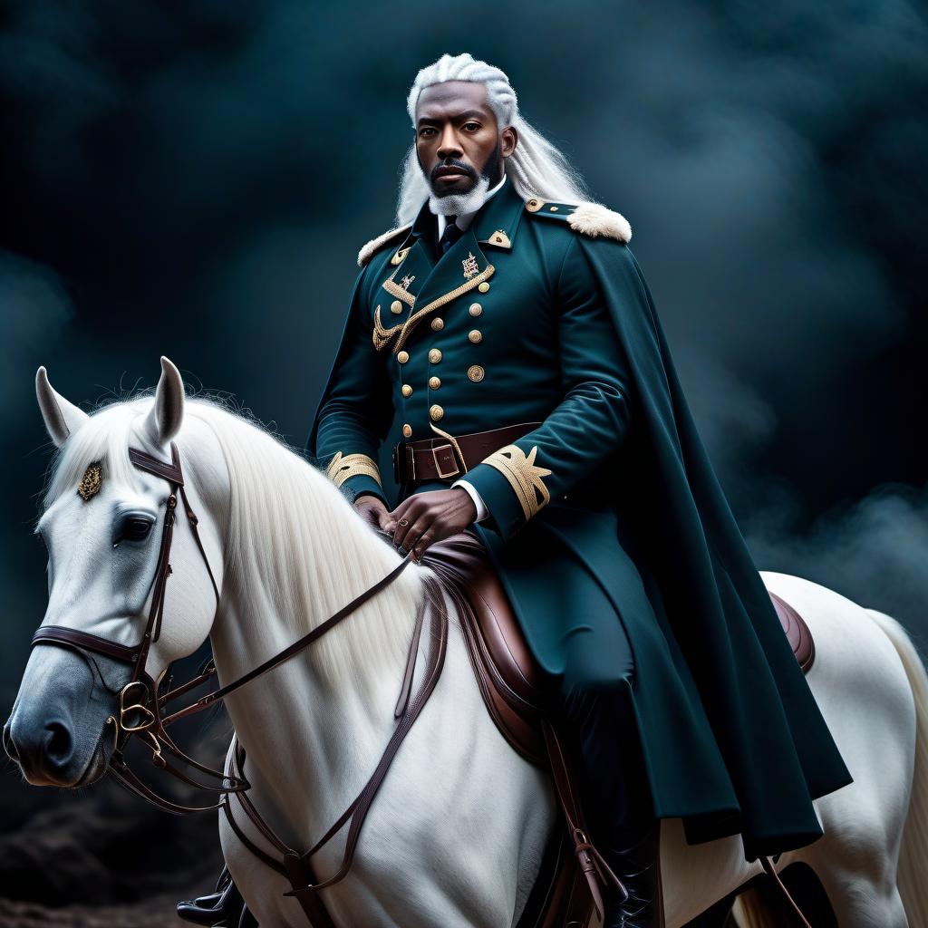  lovecraftian horror A black man, soldier, in a coat, two rifles on the horse, short beard, long white hair in full growth. . eldritch, cosmic horror, unknown, mysterious, surreal, highly detailed hyperrealistic, full body, detailed clothing, highly detailed, cinematic lighting, stunningly beautiful, intricate, sharp focus, f/1. 8, 85mm, (centered image composition), (professionally color graded), ((bright soft diffused light)), volumetric fog, trending on instagram, trending on tumblr, HDR 4K, 8K