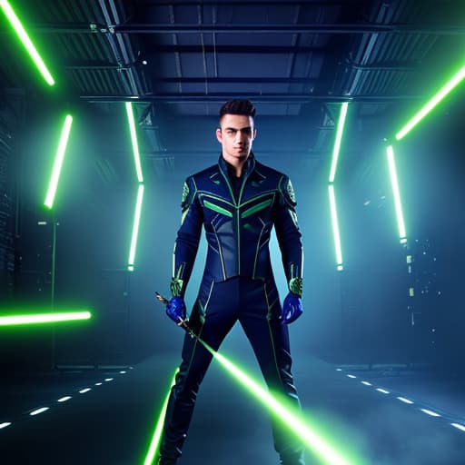  image of a 18 boy wearing thigt a dark blue secret agent costume with green strips and howling wolf design hyperrealistic, full body, detailed clothing, highly detailed, cinematic lighting, stunningly beautiful, intricate, sharp focus, f/1. 8, 85mm, (centered image composition), (professionally color graded), ((bright soft diffused light)), volumetric fog, trending on instagram, trending on tumblr, HDR 4K, 8K