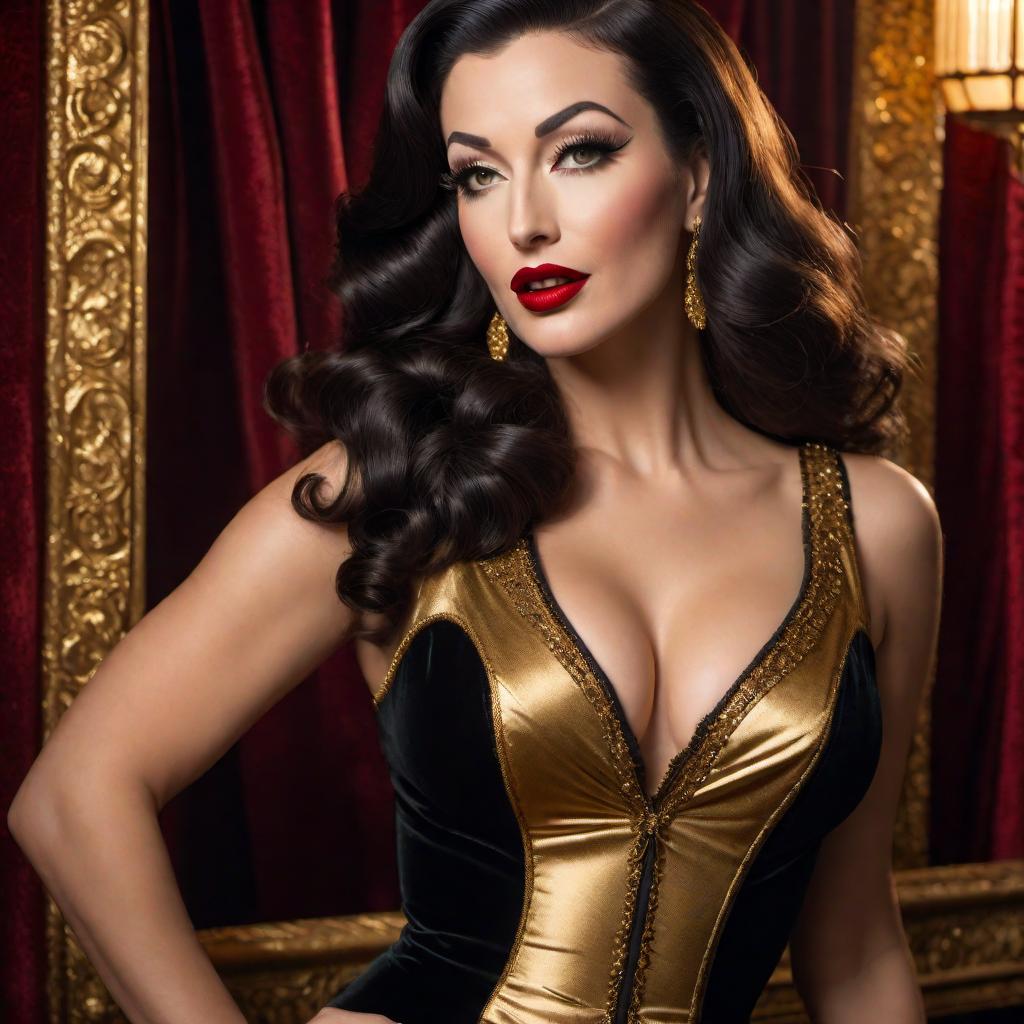  A stunning burlesque dancer in the style of Betty Paige and Norma Jean, with a snarl Mona Lisa smile on her face. She has wavy dark hair, red lipstick, and is dressed in a glamorous black and gold outfit. The background features a vintage keyhole, adding an air of mystery and allure. The scene is set in a 1950s vintage nightclub, with velvet curtains and dim, warm lighting. hyperrealistic, full body, detailed clothing, highly detailed, cinematic lighting, stunningly beautiful, intricate, sharp focus, f/1. 8, 85mm, (centered image composition), (professionally color graded), ((bright soft diffused light)), volumetric fog, trending on instagram, trending on tumblr, HDR 4K, 8K