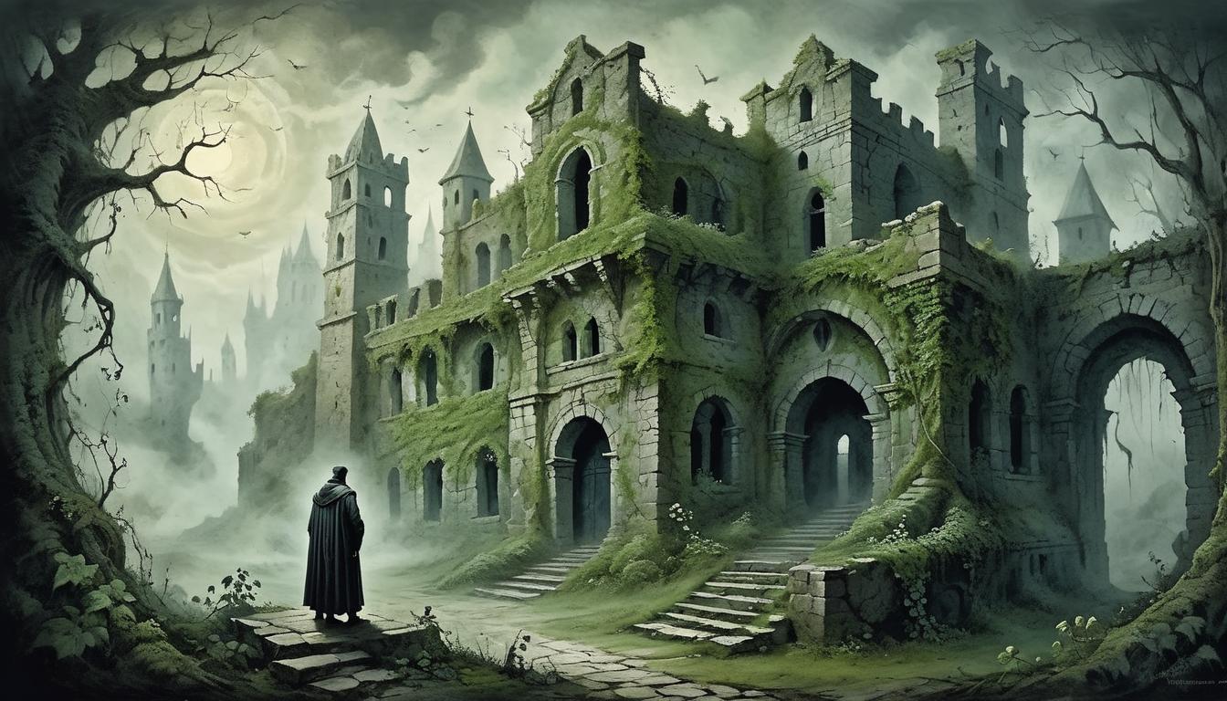  on parchment, surrealism+++, Spectral figure in haunted ruins, silvery mist swirling, ancient stone walls covered in ivy, eerie, melancholic(mysterious, provocative, symbolic,muted color)+++