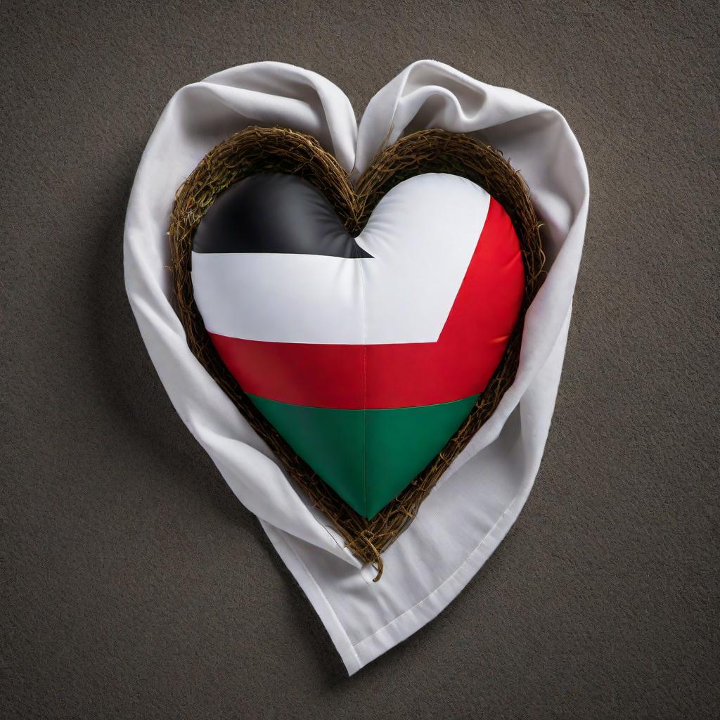  An image of a heart shape with the design of the Palestine flag incorporated. The flag's black, white, green, and red colors fill the heart in a manner that clearly showcases the flag’s design. The heart shape should look vibrant and evoke feelings of love and unity. hyperrealistic, full body, detailed clothing, highly detailed, cinematic lighting, stunningly beautiful, intricate, sharp focus, f/1. 8, 85mm, (centered image composition), (professionally color graded), ((bright soft diffused light)), volumetric fog, trending on instagram, trending on tumblr, HDR 4K, 8K