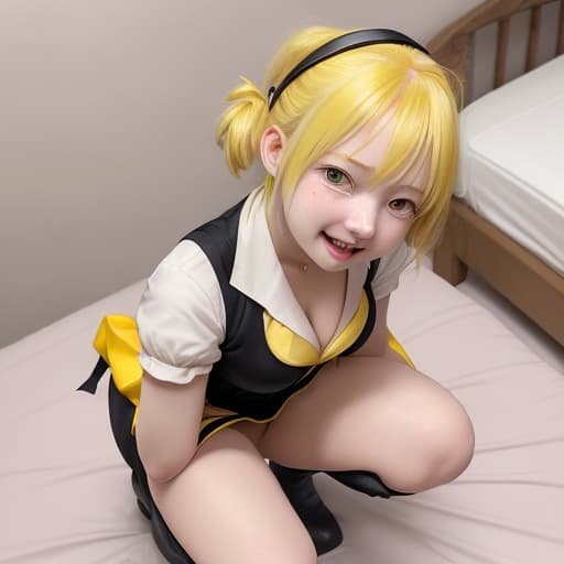  tomoe mami,,face uncovered in,in puella magi madoka magica style ,short long hair, 75kg, bangs are side parted hair,yellow hair,drill hair,tie her hair low at the back of her head,not wearing corset,knee-high socks,long boots,mini nurse cap,large,yellow eyes,profuse sweat,disliked face,cry out,, cute smile, no clothes, squatting in bed from above,, clear detailed photo, sharp focus, high resolution, 4k uhd, perfectly detailed big eyes, real life perso