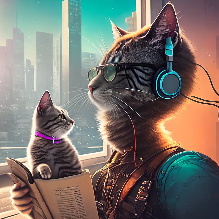 nvinkpunk Realistic image of a cat wearing headphones and reading glasses while riding a bus, hyperrealism, classicism, surrealism hyperrealistic, full body, detailed clothing, highly detailed, cinematic lighting, stunningly beautiful, intricate, sharp focus, f/1. 8, 85mm, (centered image composition), (professionally color graded), ((bright soft diffused light)), volumetric fog, trending on instagram, trending on tumblr, HDR 4K, 8K