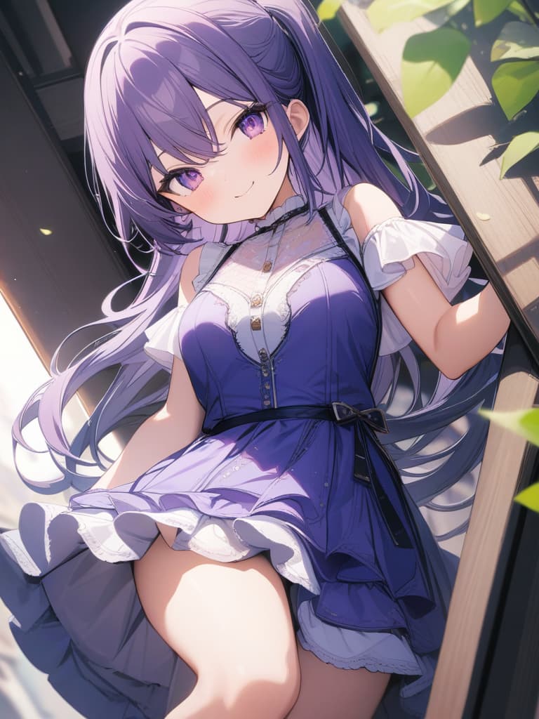  Cute, , long hair, thin body, ponytail, purple hair, purple eye, smiling, g, big s, gs, gs, purple clothes, gs fruits, frill dress, masterpiece, best quality,8k,ultra detailed,high resolution,an extremely delicate and beautiful,hyper detail