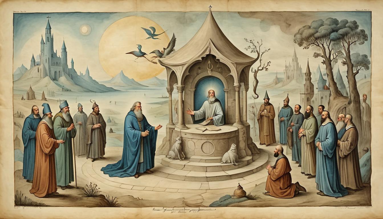  on parchment, surrealism+++, A wise figure offering guidance, surrounded by attentive individuals, an aura of wisdom, gentle colors, harmonious scene(mysterious, provocative, symbolic,muted color)+++