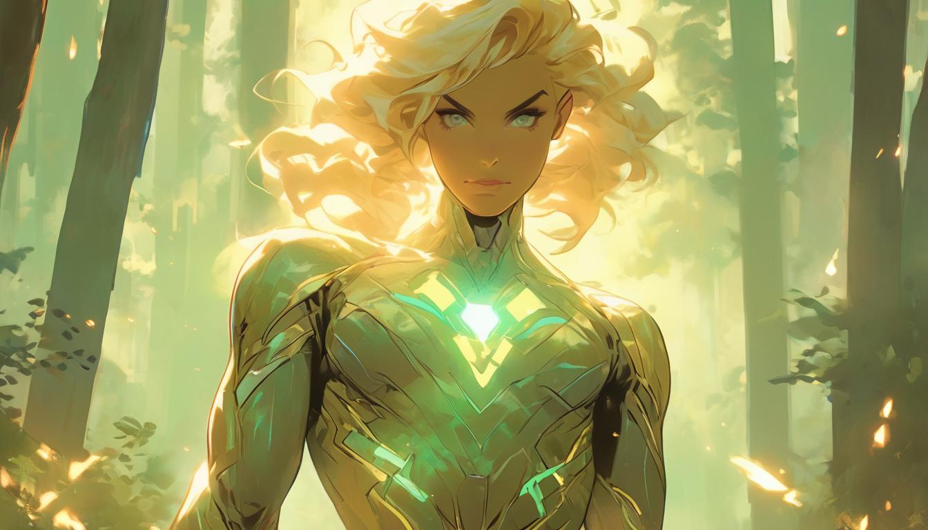  hyperrealism,fantasy aesthetic1woman, large busted attractive blonde arian female humanoid, glowing aura, forest background, soft light filtering through trees, sense of serenity, high tech clothing clad in sleek, futuristic costume with metallic accents and form fitting designs, marvel superhero comics style, unreal engine rendering