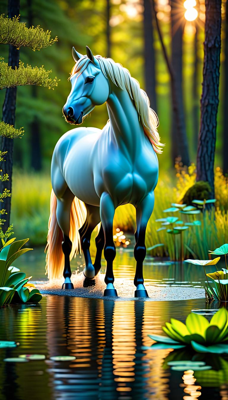  Professional 3D model of A spring horse is standing in a beautiful forest. The horse is a fool. The horse drinks water from a lake with water lilies. . Rendered with Octane, the model is highly detailed,dramatic lighting. hyperrealistic, full body, detailed clothing, highly detailed, cinematic lighting, stunningly beautiful, intricate, sharp focus, f/1. 8, 85mm, (centered image composition), (professionally color graded), ((bright soft diffused light)), volumetric fog, trending on instagram, trending on tumblr, HDR 4K, 8K