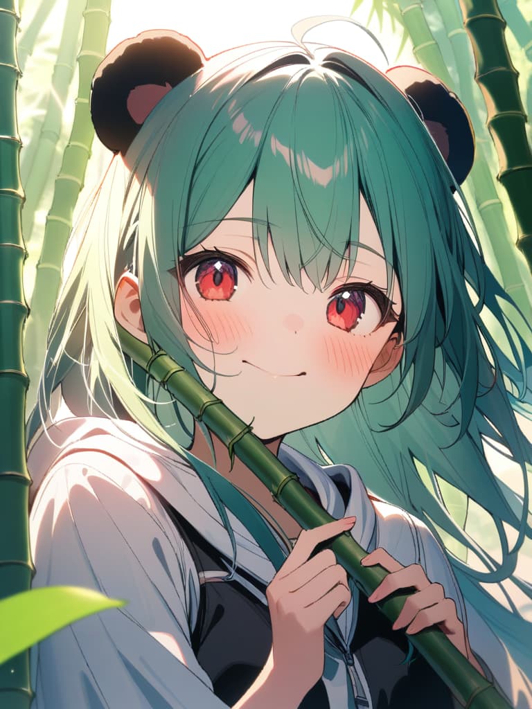  (A in a panda costume eating a bamboo leaf:1.5),solo,one cute ELF ,green hair,long hair,(insanely detailed red eyes:1.2),(happy,blush:1.1),(clear face,expressionless:1.1),(happy:1.5),(blush:1.2),upper body,summer,sunlight,, masterpiece, best quality,8k,ultra detailed,high resolution,an extremely delicate and beautiful,hyper detail