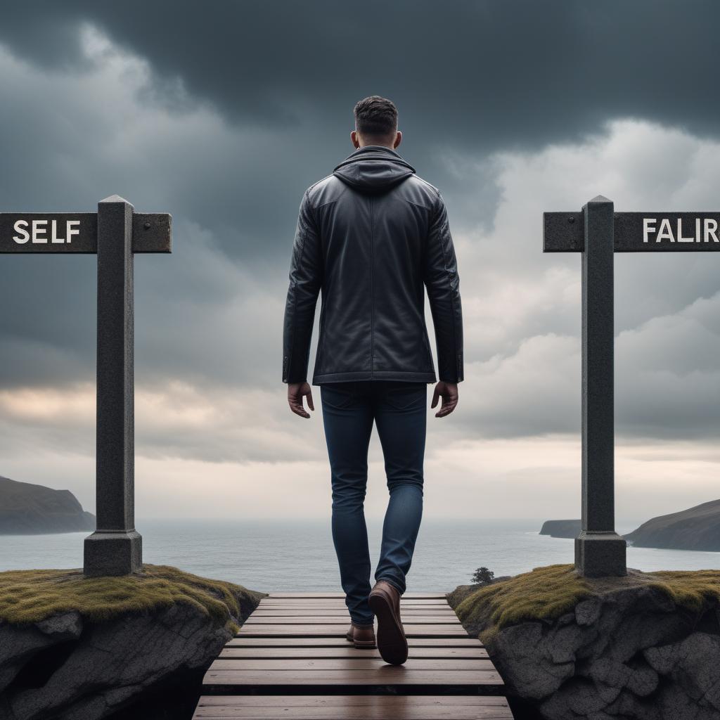  A series of images visualizing the psychological origins, mechanisms, and examples of self-sabotage, fear of failure, feeling of not deserving, self-hate, loser mentality, and complexes of the mind-state. 1. **Self-Sabotage**: Illustrate a person standing on a cliff edge hesitating to cross a bridge. The bridge is intact, but the person is overthinking and scared to move. Include overlaid text or symbols representing cognitive distortions and behavioral loops like procrastination. 2. **Fear of Failure**: A person looking at two doors: one labeled 'Success' and the other labeled 'Failure'. The person is paralyzed with indecision. Around them, negative visualization thought bubbles showing catastrophic scenarios if they choose the 'Success hyperrealistic, full body, detailed clothing, highly detailed, cinematic lighting, stunningly beautiful, intricate, sharp focus, f/1. 8, 85mm, (centered image composition), (professionally color graded), ((bright soft diffused light)), volumetric fog, trending on instagram, trending on tumblr, HDR 4K, 8K