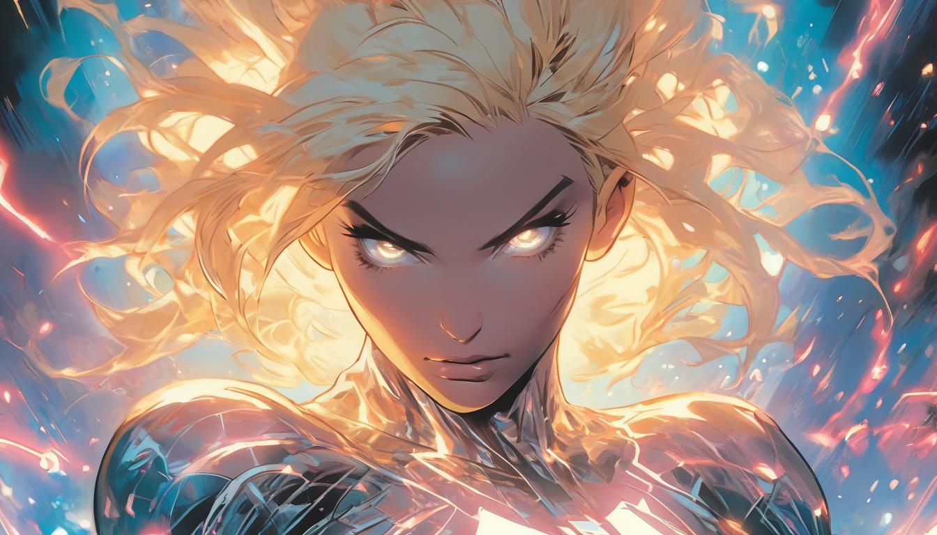  hyperrealism,fantasy aesthetic1woman, large busted attractive blonde arian female humanoid, ethereal glow, background of interconnected minds, illuminating cosmic webs, high tech clothing clad in sleek, futuristic costume with metallic accents and form fitting designs, marvel superhero comics style, unreal engine rendering