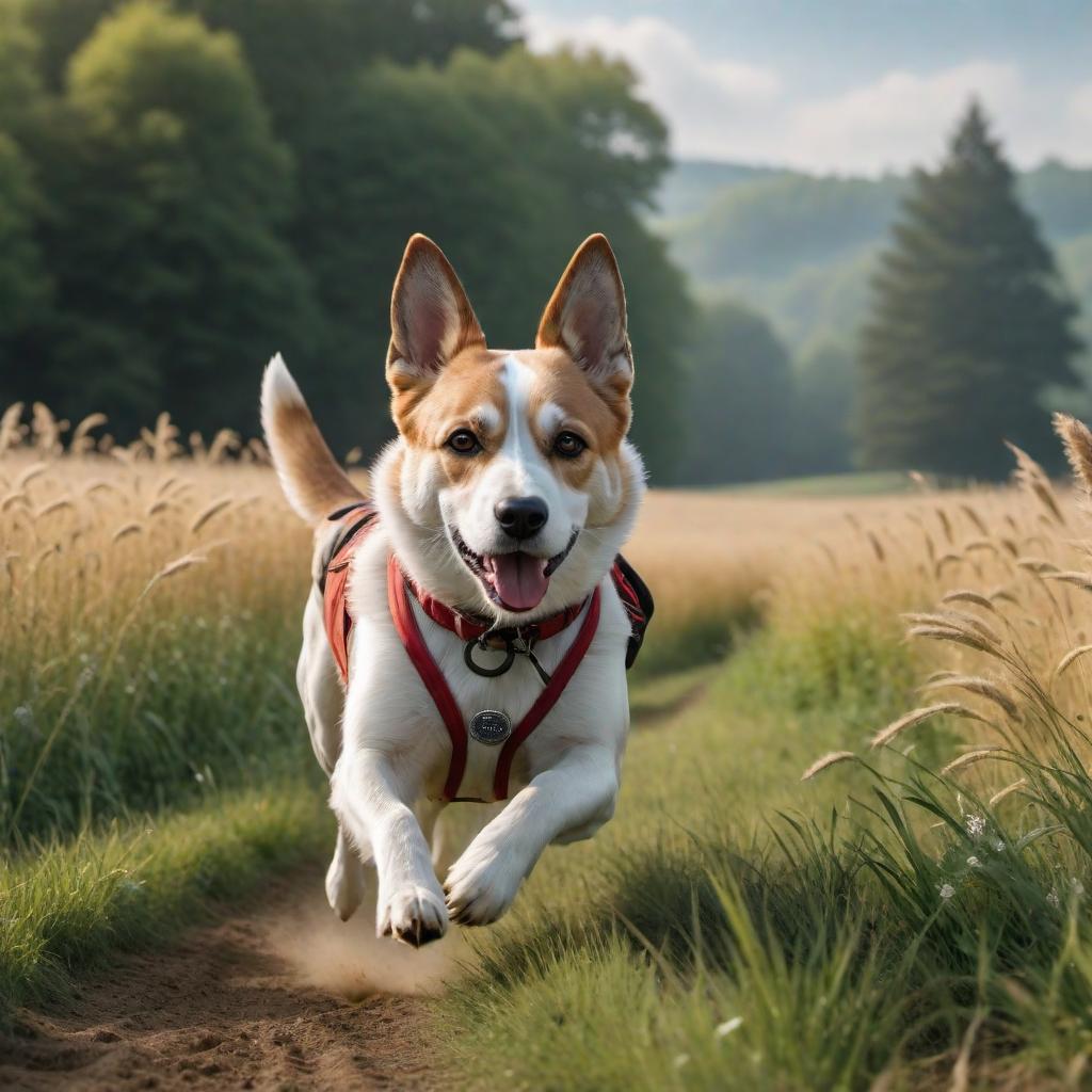  Create a video of a dog running through a field. hyperrealistic, full body, detailed clothing, highly detailed, cinematic lighting, stunningly beautiful, intricate, sharp focus, f/1. 8, 85mm, (centered image composition), (professionally color graded), ((bright soft diffused light)), volumetric fog, trending on instagram, trending on tumblr, HDR 4K, 8K