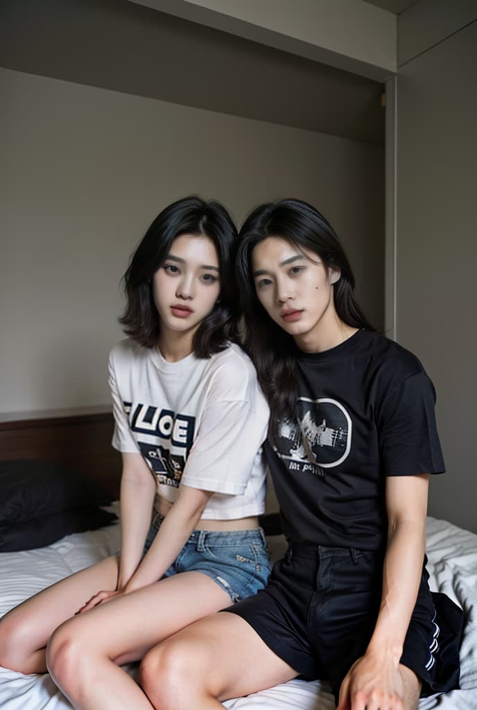  Twin males, Asian, good looking, Kpop idol, dark hair, dark eyes, good figure, in the bedroom, wearing t shirts and shorts, perfect faces, sitting and teasing each other., ADVERTISING PHOTO,high quality, good proportion, masterpiece , The image is captured with an 8k camera