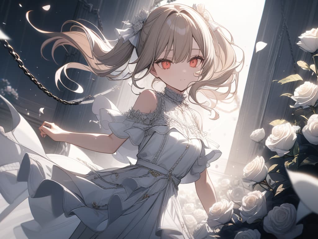  Girls, hair color beige, eyes are red, white frills, many white roses, many white roses, white, stars, fleeting, light, twin tails, chains, masterpiece, best quality,8k,ultra detailed,high resolution,an extremely delicate and beautiful,hyper detail