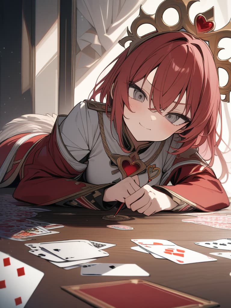  ((Male: 1.2)) ((Red hair,berry short hair,gray eyes,hanging eyes,big eyes,grumpy face: 1.1)) (Golden crown,white and red military uniform,heart wand,playing cards,red and white roses),masterpiece,the highest quality,8K,, masterpiece, best quality,8k,ultra detailed,high resolution,an extremely delicate and beautiful,hyper detail