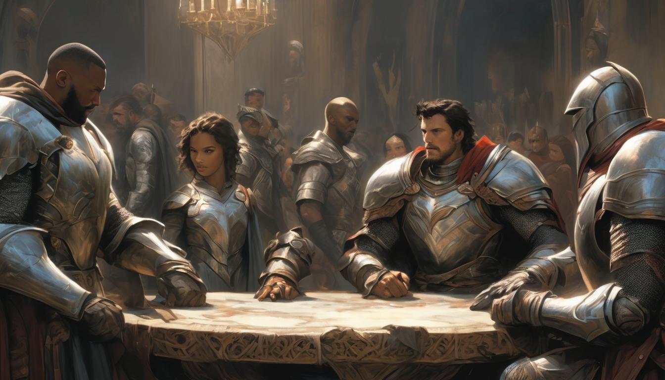  hyperrealism,fantasy aestheticA round table illustrating equal participation, knights of diverse appearances, each with a voice, rich medieval details in the background, impartial, inclusive, high tech clothing clad in sleek, futuristic costume with metallic accents and form fitting designs, marvel superhero comics style, unreal engine rendering