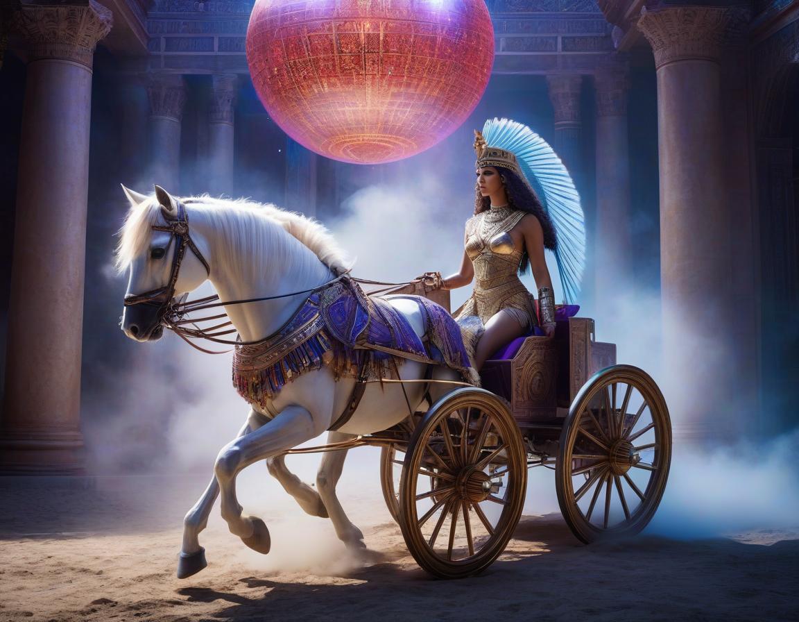  Fantasy Scene. Digital photo, Cleopatra on a horse, pulled by a cart rushing into a shining sphere, emitting white blue red glare, neon purple sparks, mystical glow. Dust flies fantastically glittering from under the wheels of the cart. The background is a fantastically detailed surreal, intertwining in a strange, whimsical ornament. Fine details. Sparks. hyperrealistic, full body, detailed clothing, highly detailed, cinematic lighting, stunningly beautiful, intricate, sharp focus, f/1. 8, 85mm, (centered image composition), (professionally color graded), ((bright soft diffused light)), volumetric fog, trending on instagram, trending on tumblr, HDR 4K, 8K