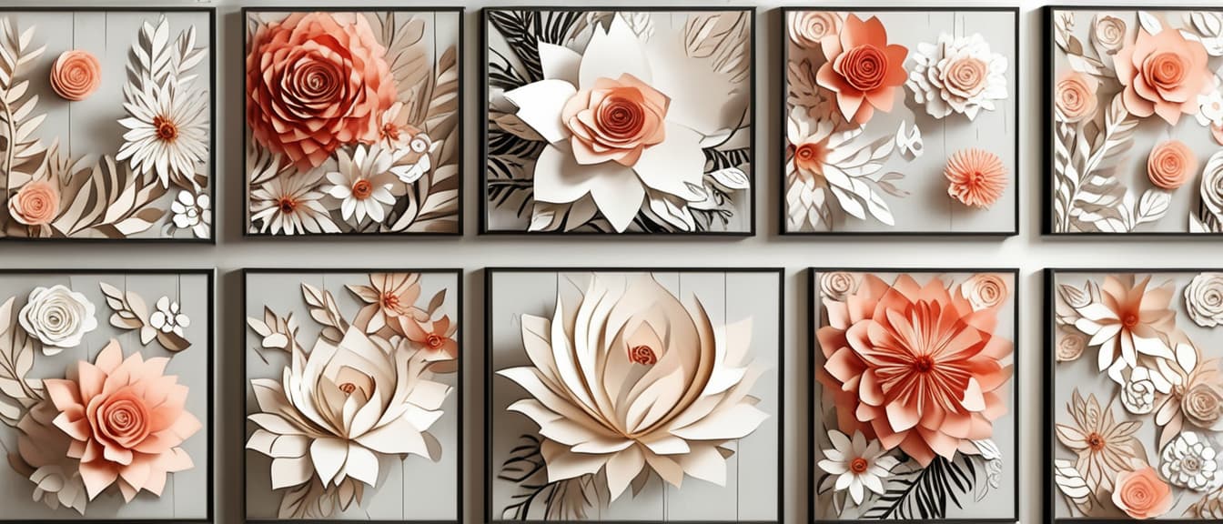  best quality, HD, A set of floral art canvases with paper flowers.