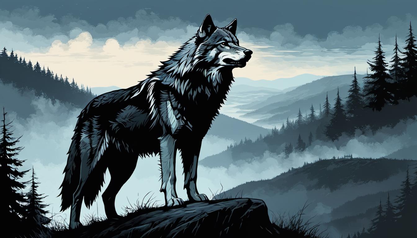  （surrealism)A lone wolf standing on a hill, mouth open as if calling out, surrounding landscape with rolling hills and forests, background filled with subtle textures, presence, communication mystic, intricate details, best quality)