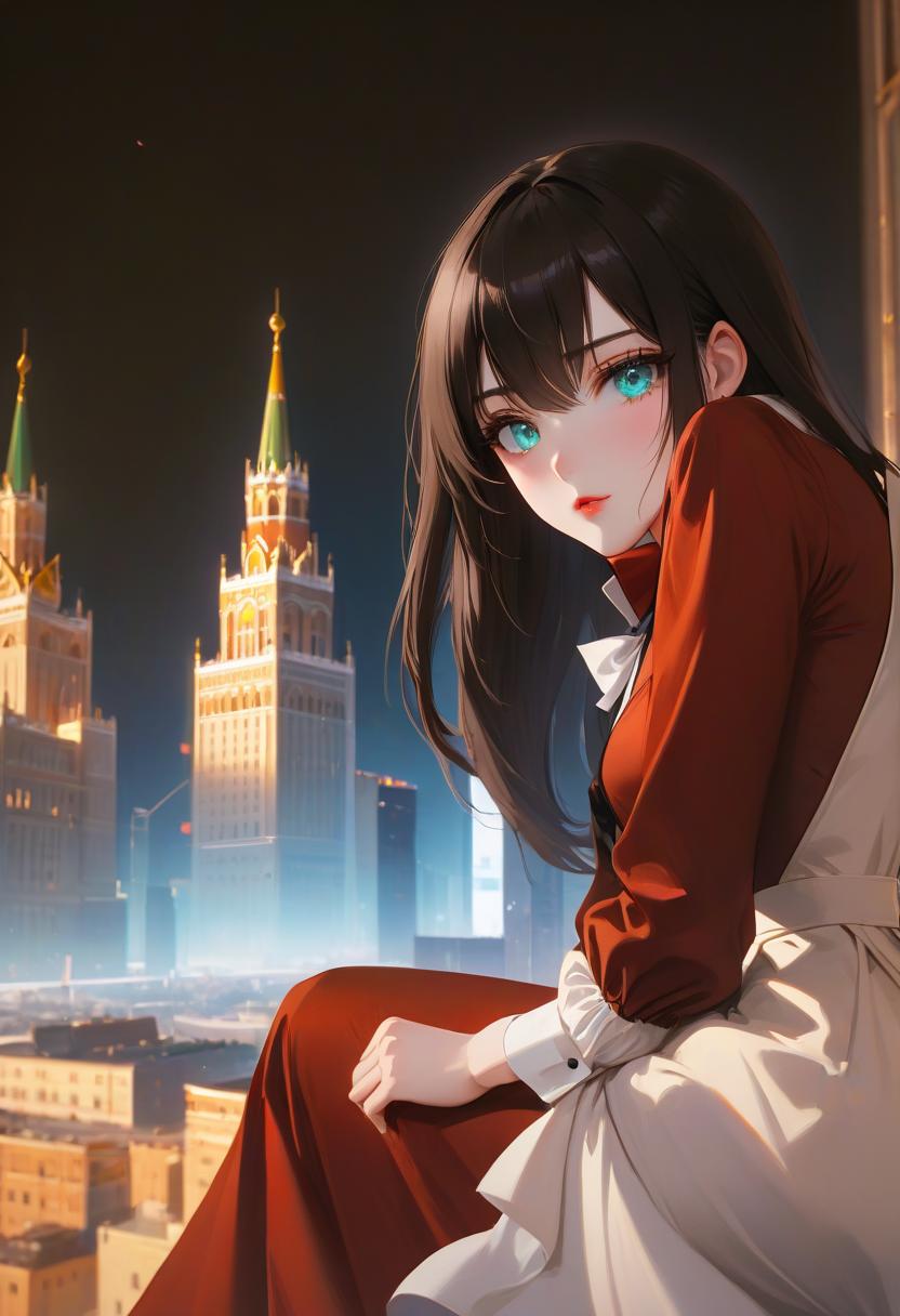  anime artwork beautiful , , white skinned, European, маленькая грудь, плоская грудь, blue eyes, long brown straight hair, slender figure, small neat s, dressed in a black dress with a white collar and white cuffs, full length, against the backdrop of a modern city. Skyscrs of Moscow City (photorealism, oil painting: 1.3), (full length shot: 1.3), charming , long flowing black hair, (large sensual mouth: 1.2), plump lips, sparkling emerald eyes , narrow waist, (sensual drawing: 1.2), silvery glow, ethereal aura, detailed brushwork, intricate shadows and highlights, mysterious and captivating expression, unique color palette, masterful use of light and shadow, captivating atmosphe hyperrealistic, full body, detailed clothing, highly detailed, cinematic lighting, stunningly beautiful, intricate, sharp focus, f/1. 8, 85mm, (centered image composition), (professionally color graded), ((bright soft diffused light)), volumetric fog, trending on instagram, trending on tumblr, HDR 4K, 8K