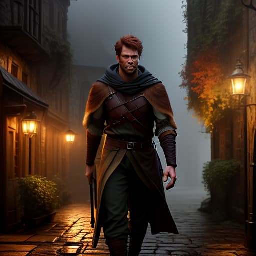  A kind young with reddish hair, very tall and muscular, broad shouldered, with a head and scars. In expedition clothing: trousers, shirt in a fantasy medieval city., slate atmosphere, cinematic, dimmed colors, dark shot, muted colors, film grainy, lut, spooky hyperrealistic, full body, detailed clothing, highly detailed, cinematic lighting, stunningly beautiful, intricate, sharp focus, f/1. 8, 85mm, (centered image composition), (professionally color graded), ((bright soft diffused light)), volumetric fog, trending on instagram, trending on tumblr, HDR 4K, 8K