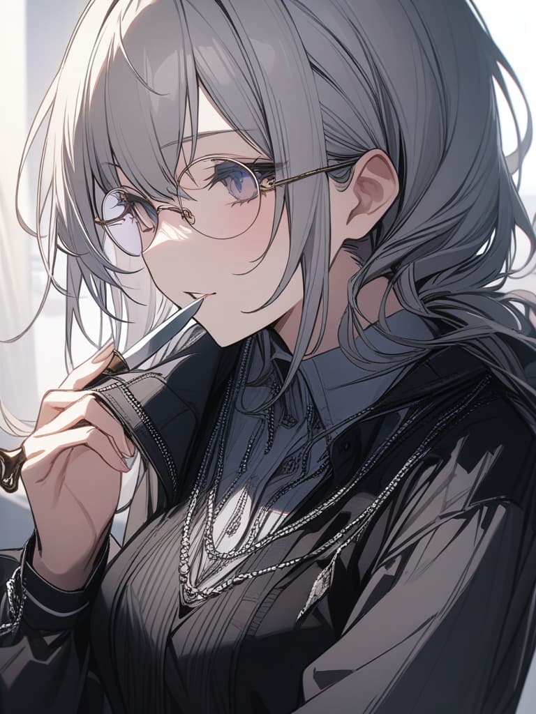  Gray hair, round glasses, assassin, knife, glasses chain, masterpiece, best quality,8k,ultra detailed,high resolution,an extremely delicate and beautiful,hyper detail