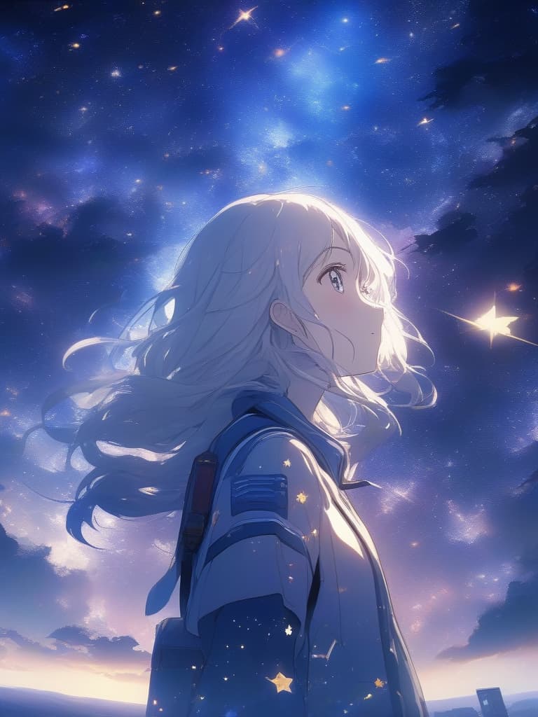  ((background,space background,starry sky,galaxy,beautiful,many stars)),beautiful ,long hair,white hair,((looking back,composition seen from behind)),fantastical,beautiful,(station attendant,,ta,stylish,station attendant uniform,Galaxy Express,),contrast,beautiful,fantastic starry sky、ultra detailed,best shadow,cute and beautiful face,(masterpiece:1.2),(best quality:1.2),detailed background,high contrast,(best illumination,an extremely delicate and beautiful),((cinematic light)),hyper detail,dramatic light,intricate details,8k,anime,very aesthetic, masterpiece, best quality,8k,ultra detailed,high resolution,an extremely delicate and beautiful,hyper detail