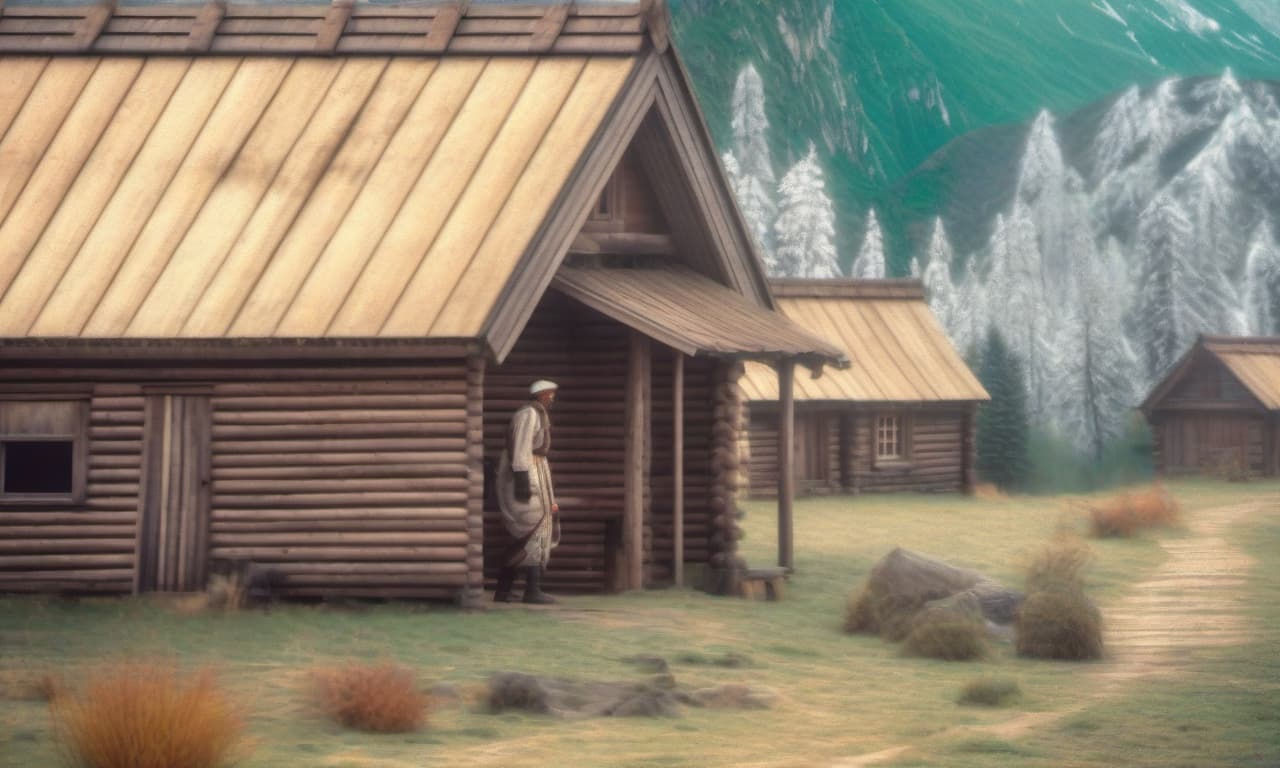  the distance dark mountains wooden house hyperrealistic, full body, detailed clothing, highly detailed, cinematic lighting, stunningly beautiful, intricate, sharp focus, f/1. 8, 85mm, (centered image composition), (professionally color graded), ((bright soft diffused light)), volumetric fog, trending on instagram, trending on tumblr, HDR 4K, 8K