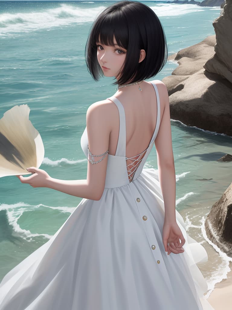  Back, sandy beach, black hair bob, white dress, masterpiece, best quality,8k,ultra detailed,high resolution,an extremely delicate and beautiful,hyper detail