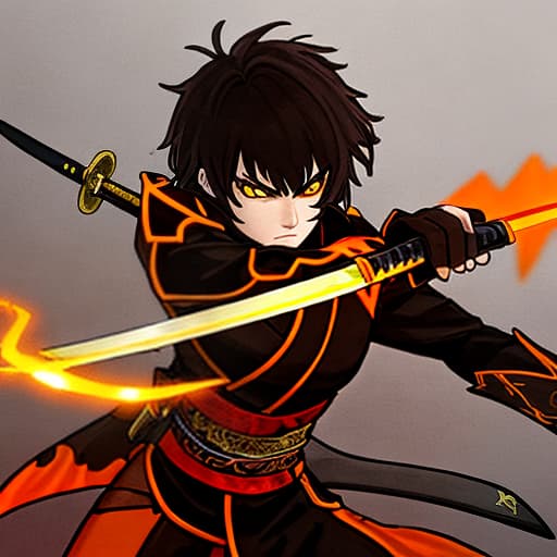  a demon hunter with short dark brown chopped hair, brown eyes, yellow and orange kimono with triangles, uses a katana with lightning details and a determined look