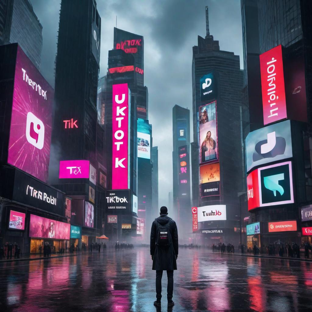  A futuristic scene depicting the demise of TikTok. The setting is a digital cityscape with social media billboards and neon lights. TikTok logos are shown breaking apart or being overtaken by other emerging platform logos. The atmosphere is somber with rain pouring and dark clouds overhead, symbolizing the end of an era. People or digital avatars are seen looking up, some with mixed expressions of sadness and curiosity. The overall color scheme includes dark tones with bright highlights to emphasize the transition. hyperrealistic, full body, detailed clothing, highly detailed, cinematic lighting, stunningly beautiful, intricate, sharp focus, f/1. 8, 85mm, (centered image composition), (professionally color graded), ((bright soft diffused light)), volumetric fog, trending on instagram, trending on tumblr, HDR 4K, 8K