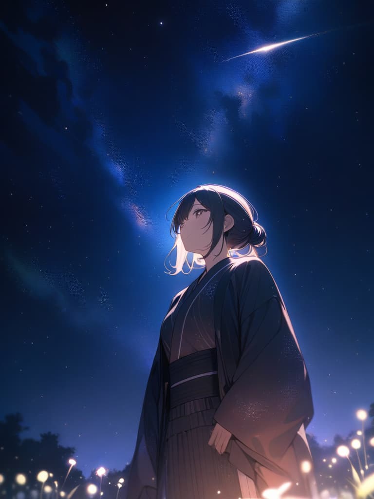  solo,from below,Yukata,(Milky Way:1.2),Looking up at the sky,Light of fireflies,light particles,{{Night}},, masterpiece, best quality,8k,ultra detailed,high resolution,an extremely delicate and beautiful,hyper detail