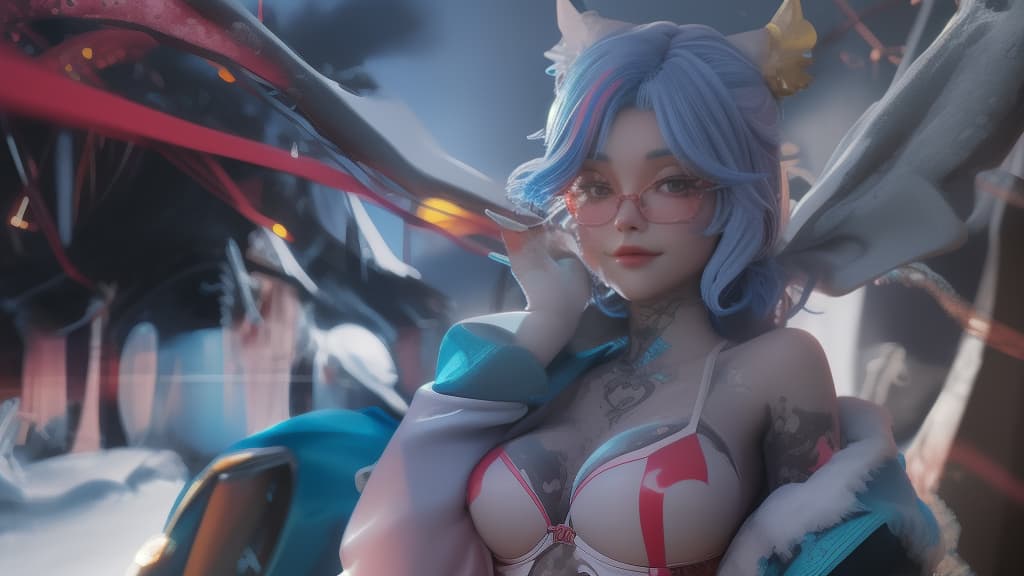  3D render of a Thai woman standing in a snow covearea, smile, blue asymmetrical bob with pink hair highlighting, breasts, lipstick, (white+red bra and G-String:1.3), sky, optic glasses, tree, (colorful tattoos:1.35), starry sky, Christmas, sexy pose
