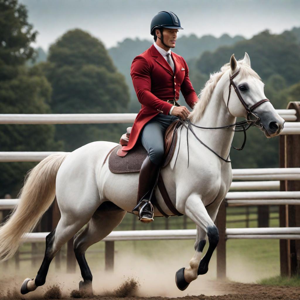  A horse riding on Christopher Reeves' back like a jockey, with the horse in control and jumping over a short fence. hyperrealistic, full body, detailed clothing, highly detailed, cinematic lighting, stunningly beautiful, intricate, sharp focus, f/1. 8, 85mm, (centered image composition), (professionally color graded), ((bright soft diffused light)), volumetric fog, trending on instagram, trending on tumblr, HDR 4K, 8K