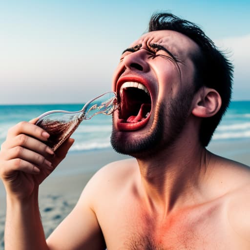  a man screaming on the beach and hold a broken glass cup