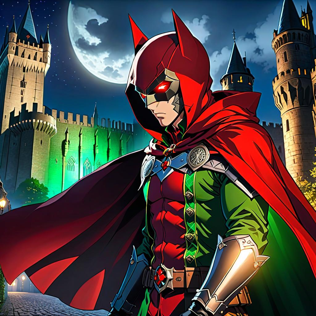  anime artwork 1. The Middle Ages against the backdrop of a night castle 2. Man aged 19 25 3. Red hood and cape 4. Red mask covering half of the face, glowing green eyes . anime style, key visual, vibrant, studio anime, highly detailed hyperrealistic, full body, detailed clothing, highly detailed, cinematic lighting, stunningly beautiful, intricate, sharp focus, f/1. 8, 85mm, (centered image composition), (professionally color graded), ((bright soft diffused light)), volumetric fog, trending on instagram, trending on tumblr, HDR 4K, 8K