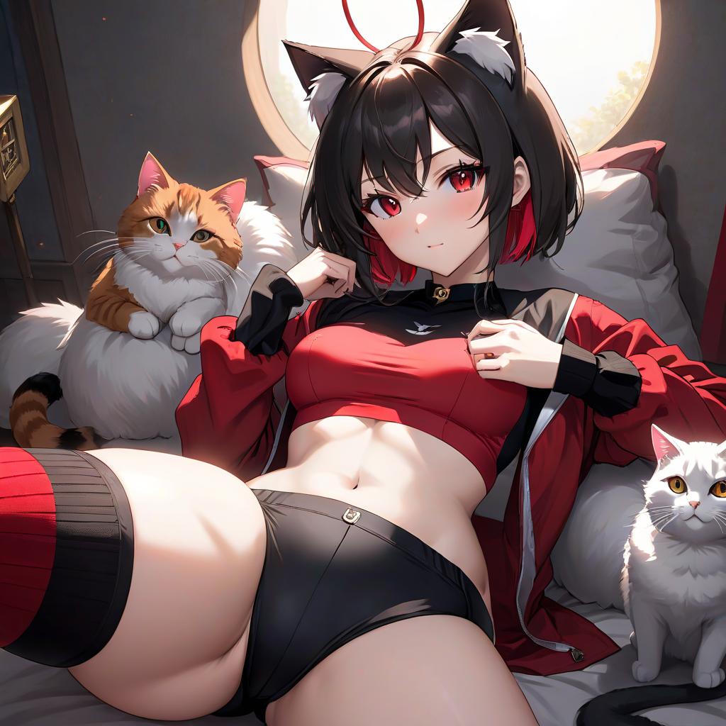  anime artwork A nine yea , beautiful face, blushing, tight fitting top, black and red, perfect body shape, large hips and s, black and red shorts, socks, cat ears, lying . . anime style, key visual, vint, studio anime, highly detailed hyperrealistic, full body, detailed clothing, highly detailed, cinematic lighting, stunningly beautiful, intricate, sharp focus, f/1. 8, 85mm, (centered image composition), (professionally color graded), ((bright soft diffused light)), volumetric fog, trending on instagram, trending on tumblr, HDR 4K, 8K